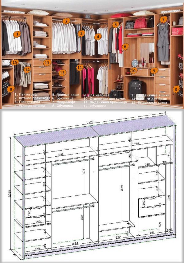 Шкаф-купе в спальню – внутреннее наполнение с размерами и фотографиями