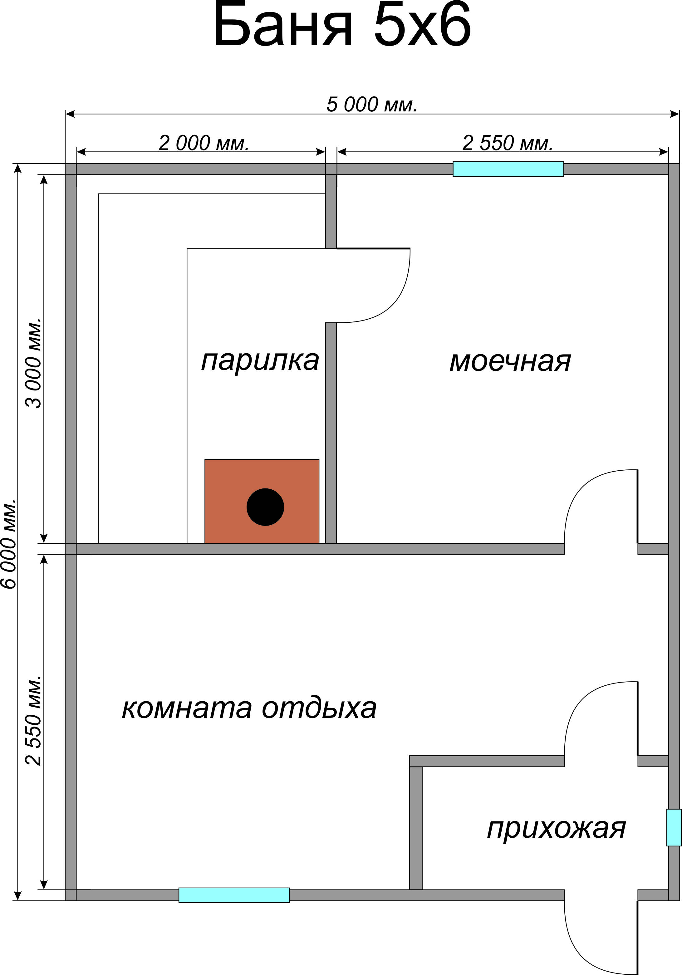 Планировка бани 4х6, 3х4, 4х5, 5х5, 3х6, 3х5 и других размеров внутри помещения